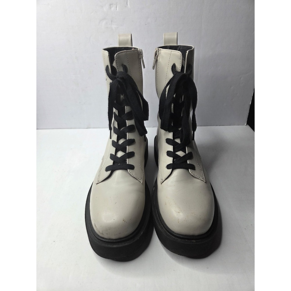 H&M Off White Platform Combat Boot Black Lace Up Side Zip 0990044 Size 8.5